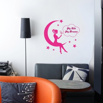sp decals 75 cm abstract decorative moon girl stars butterfly my life my dream wall sticker for home décor (pvc vinyl covering area 75cm X 75cm) Reusable Sticker(Pack of 1)