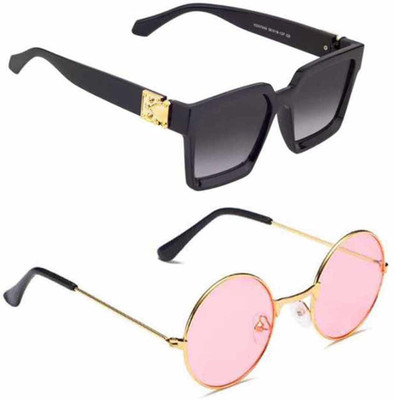 BROOF Retro Square, Round Sunglasses(For Men & Women, Black, Pink)