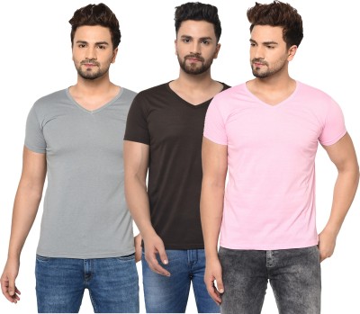 Jaskart Solid Men V Neck Brown, Pink, Grey T-Shirt