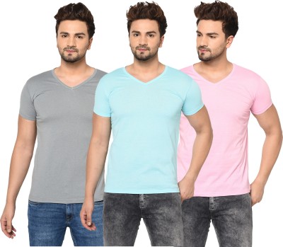 Bribzy Solid Men V Neck Light Blue, Pink, Grey T-Shirt