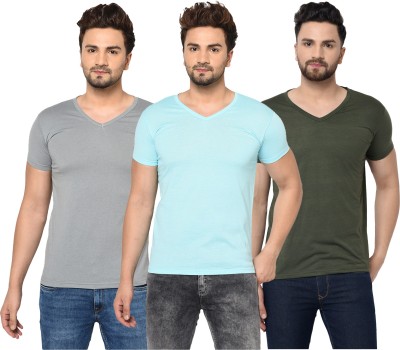 Jaskart Solid Men V Neck Light Blue, Dark Green, Grey T-Shirt