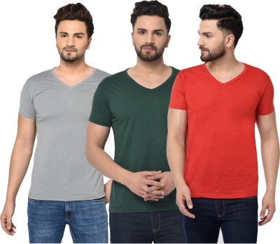 Jangoboy Solid Men V Neck Dark Green, Red, Grey T-Shirt