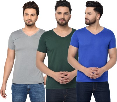 Tivy Solid Men V Neck Dark Green, Blue, Grey T-Shirt