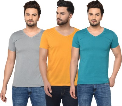 Jangoboy Solid Men V Neck Light Blue, Grey, Yellow T-Shirt