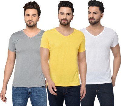 Jangoboy Solid Men V Neck White, Grey, Yellow T-Shirt