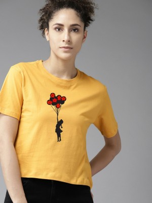 PRIG Printed Women Round Neck Yellow T-Shirt