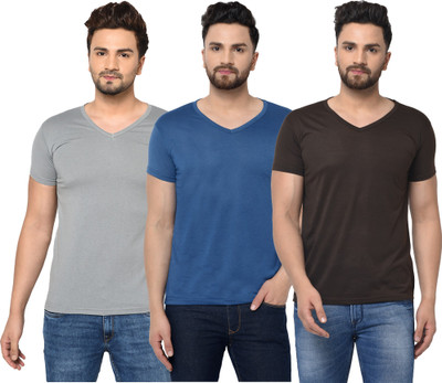 Jangoboy Solid Men V Neck Dark Blue, Brown, Grey T-Shirt