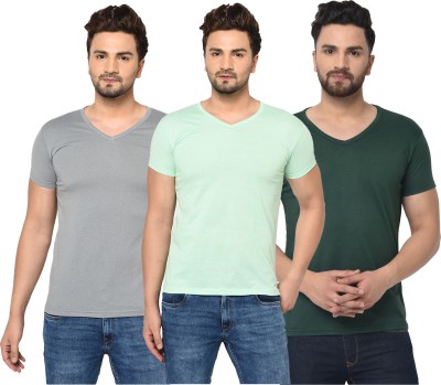 Bribzy Solid Men V Neck Dark Green, Grey, Light Green T-Shirt