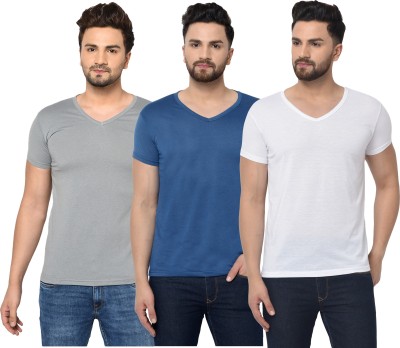 Unite Wear Solid Men V Neck Dark Blue, White, Grey T-Shirt