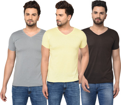 Jangoboy Solid Men V Neck Brown, Grey, Yellow T-Shirt