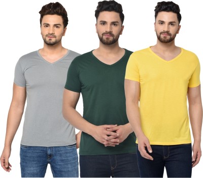 Tivy Solid Men V Neck Dark Green, Grey, Yellow T-Shirt