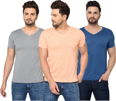 Jangoboy Solid Men V Neck Brown, Grey, Beige T-Shirt