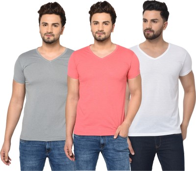 Jangoboy Solid Men V Neck White, Pink, Grey T-Shirt