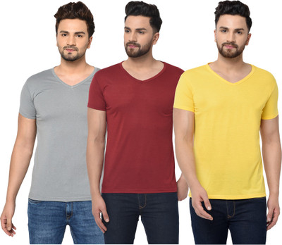 Tivy Solid Men V Neck White, Maroon, Grey T-Shirt