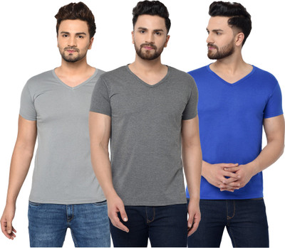Jangoboy Solid Men V Neck Blue, Grey T-Shirt