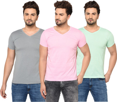 Jangoboy Solid Men V Neck Pink, Grey, Light Green T-Shirt