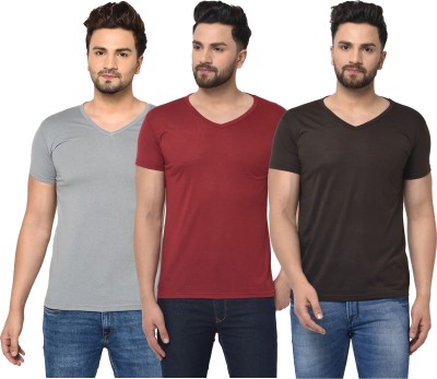 Jangoboy Solid Men V Neck Brown, Maroon, Grey T-Shirt