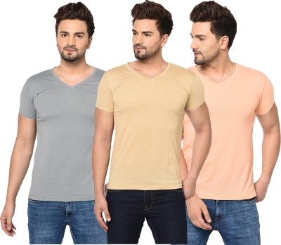 Jangoboy Solid Men V Neck Pink, Beige, Grey T-Shirt