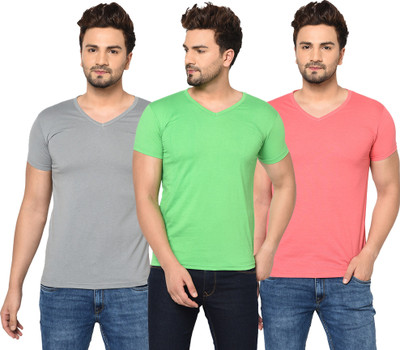 Jangoboy Solid Men V Neck Green, Pink, Grey T-Shirt