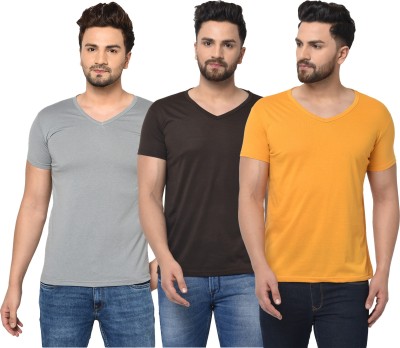 Unite Wear Solid Men V Neck Brown, Grey, Yellow T-Shirt