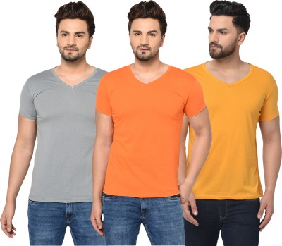 Tivy Solid Men V Neck Orange, Grey, Yellow T-Shirt