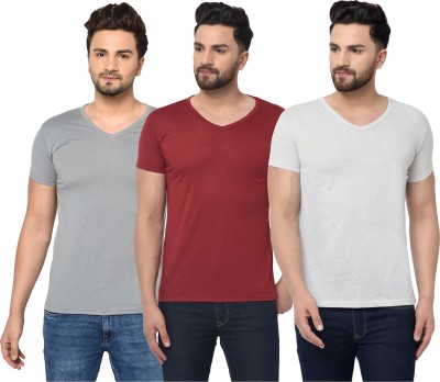 Bribzy Solid Men V Neck Maroon, Grey T-Shirt