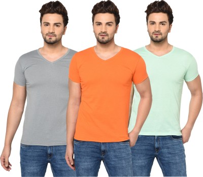 Tivy Solid Men V Neck Orange, Grey, Light Green T-Shirt