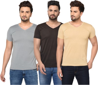 Jaskart Solid Men V Neck Black, Grey, Beige T-Shirt