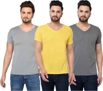 Jangoboy Solid Men V Neck Grey, Yellow T-Shirt