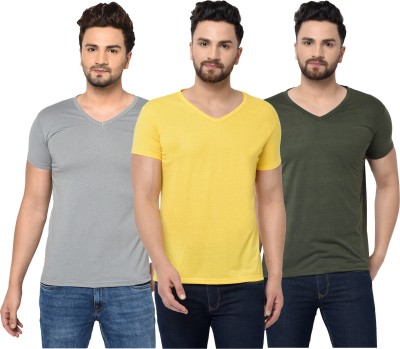 Unite Wear Solid Men V Neck Dark Green, Grey, Yellow T-Shirt