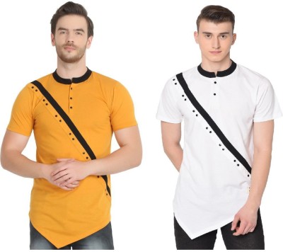 UNICUS APPAREL Solid Men Mandarin Collar White, Yellow T-Shirt