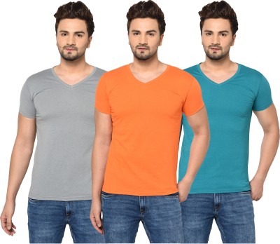 Tivy Solid Men V Neck Blue, Orange, Grey T-Shirt