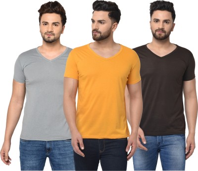 Jangoboy Solid Men V Neck Brown, Grey, Yellow T-Shirt