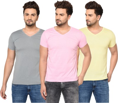 Jangoboy Solid Men V Neck Pink, Grey, Yellow T-Shirt