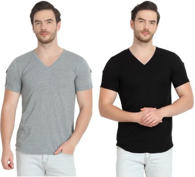 GLITO Solid Men V Neck Black, Grey T-Shirt