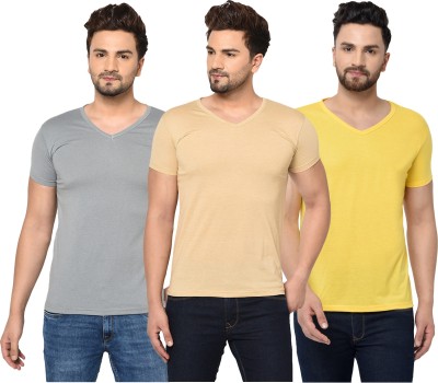 Unite Wear Solid Men V Neck Beige, Grey, Yellow T-Shirt