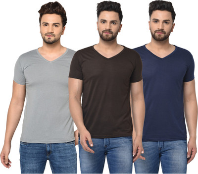 Jangoboy Solid Men V Neck Brown, Blue, Grey T-Shirt