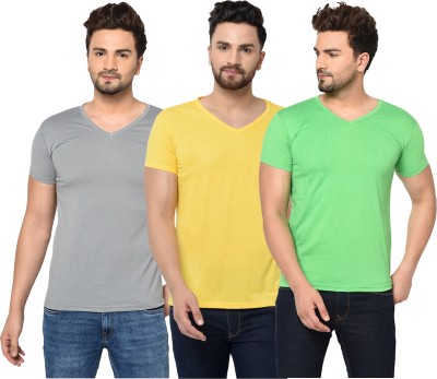 Unite Wear Solid Men V Neck Green, Grey, Yellow T-Shirt