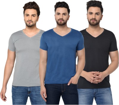 Jaskart Solid Men V Neck Dark Blue, Black, Grey T-Shirt