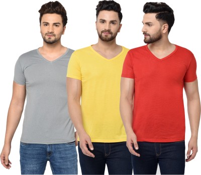 Tivy Solid Men V Neck Maroon, Grey, Yellow T-Shirt