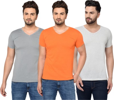 Tivy Solid Men V Neck Orange, Grey T-Shirt