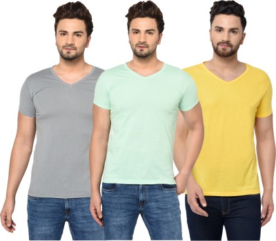 Unite Wear Solid Men V Neck Light Blue, Grey, Yellow T-Shirt