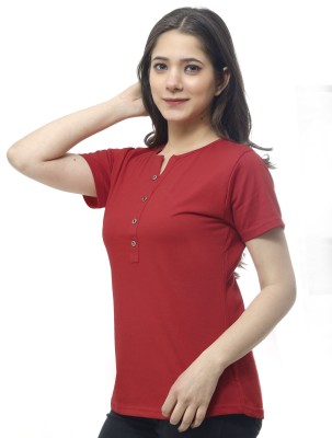 RYTE STYLE Solid Women Polo Neck Red T-Shirt