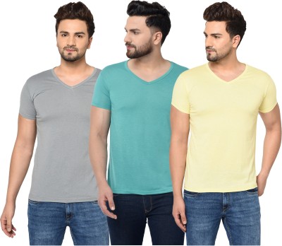 Unite Wear Solid Men V Neck Light Blue, Grey, Yellow T-Shirt