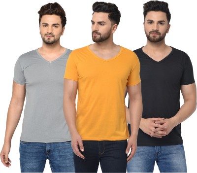 Bribzy Solid Men V Neck Black, Grey, Yellow T-Shirt