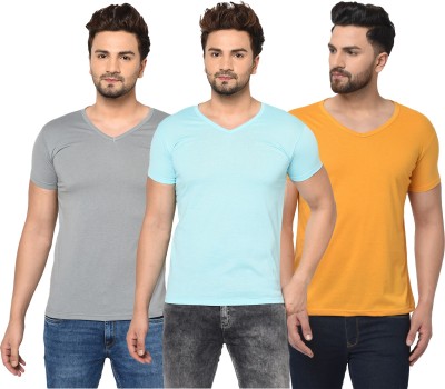 Tivy Solid Men V Neck Light Blue, Grey, Yellow T-Shirt