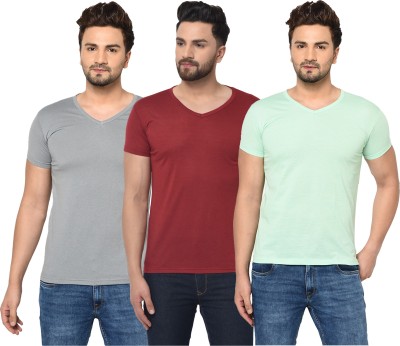 Bribzy Solid Men V Neck Maroon, Grey, Light Green T-Shirt