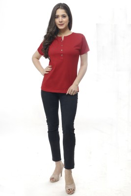 RYTE STYLE Casual Short Sleeve Solid Women Red Top