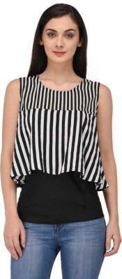 ADDICTED ATTIRE Casual Sleeveless Striped Women White, Black Top