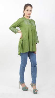 molisha Casual 3/4 Sleeve Embroidered Women Green Top